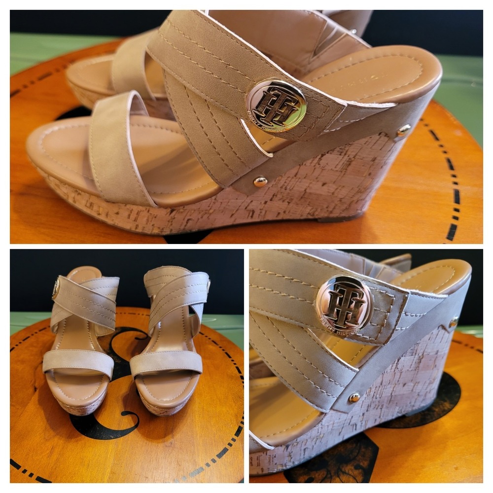 Tommy Hilfiger Sandals Womens 10 M Myha Strappy Brown Faux Leather Wedge Cork